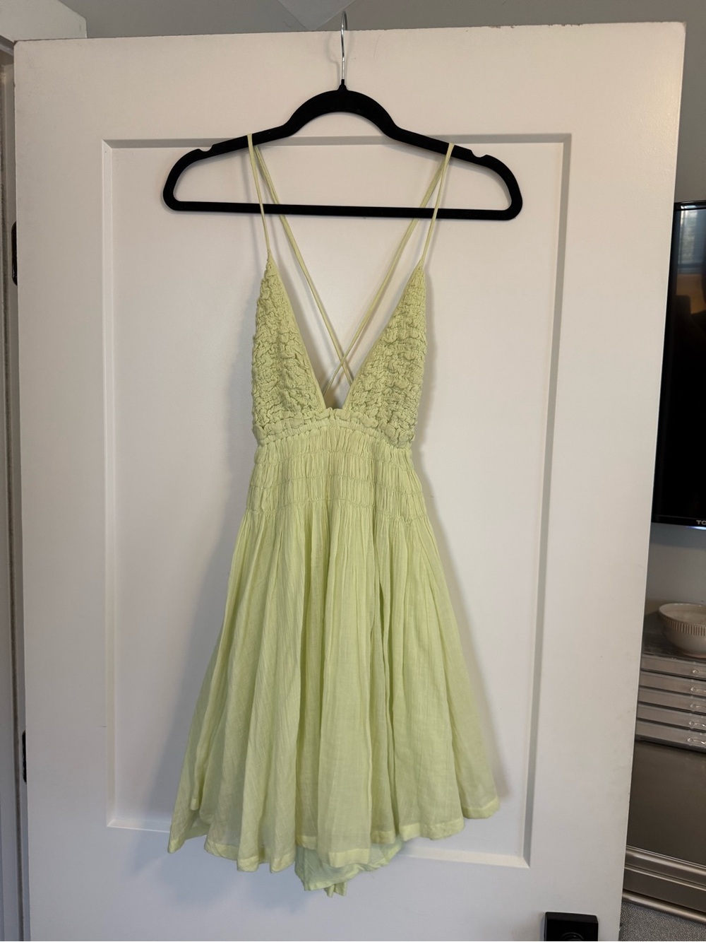 Free People Pale Lime Smocked V-Neck Mini Dress
